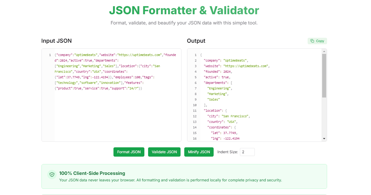 JSON Formatter & Validator | Format and Validate JSON Online | UptimeBeats